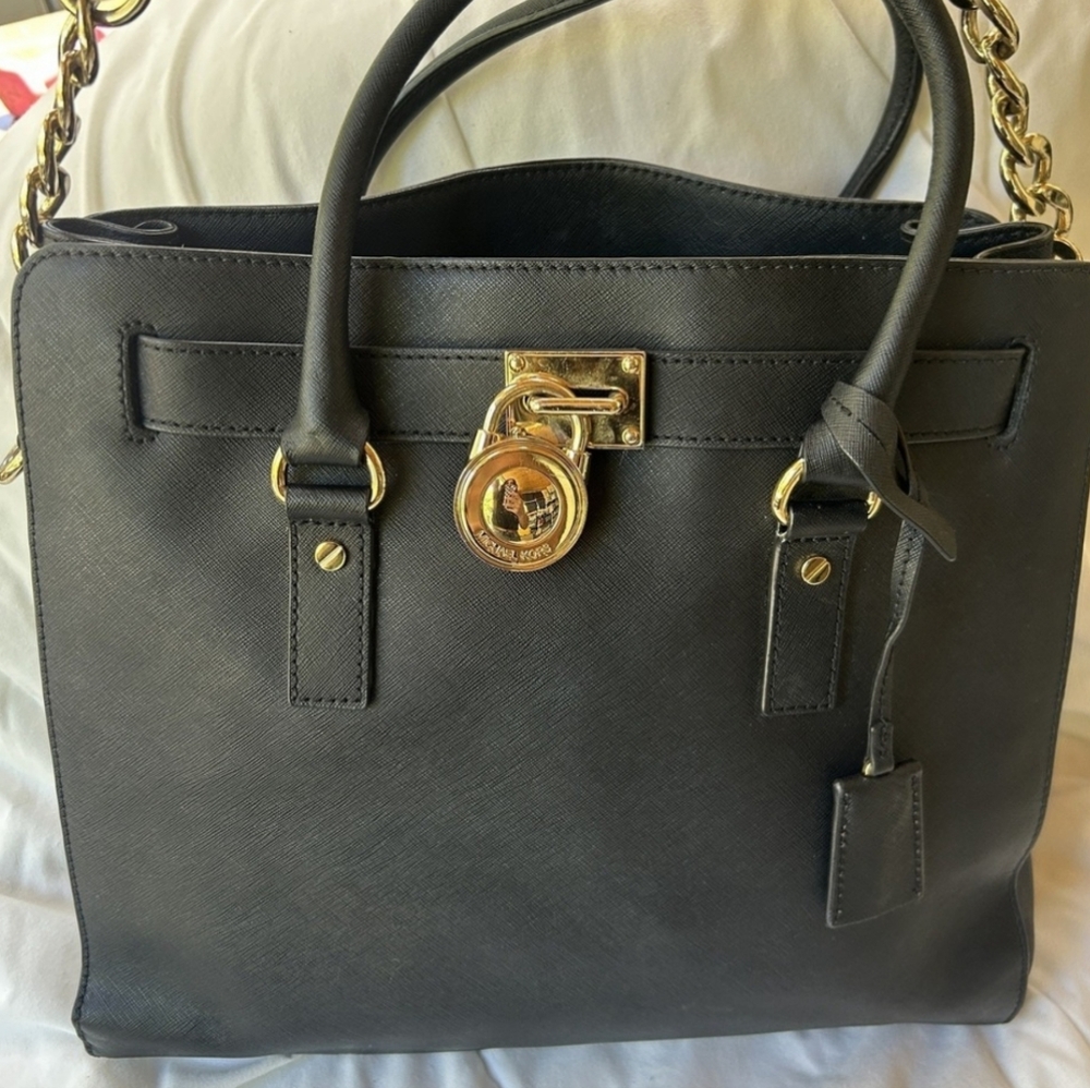 Michael Kors Black Hamilton Shoulder Bag with Gold Accents